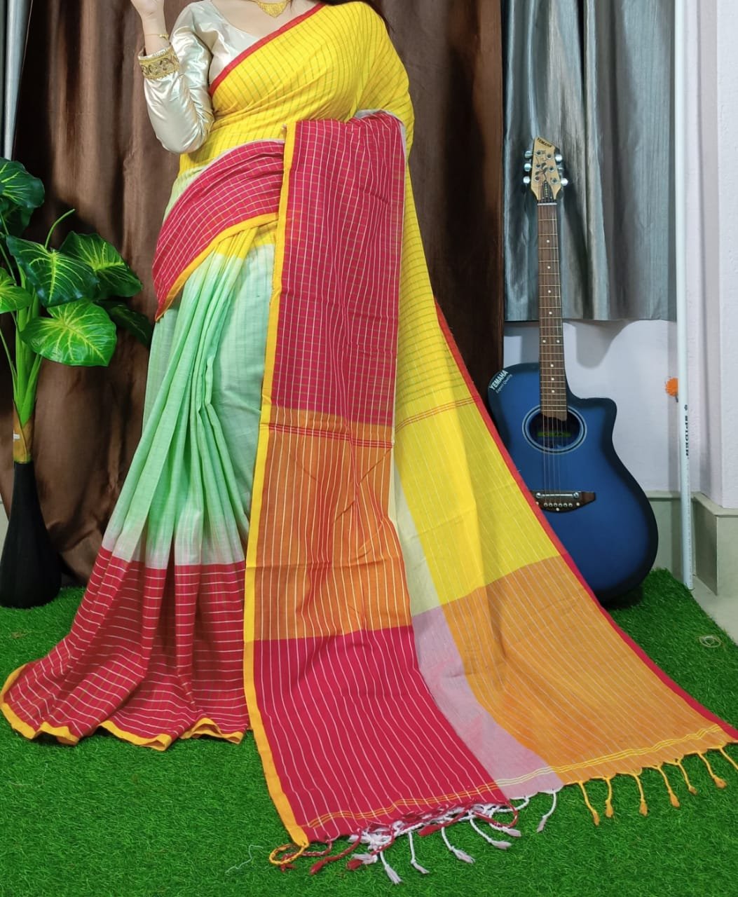  Pink Yellow Kach Vanga Print Pure Cotton Saree